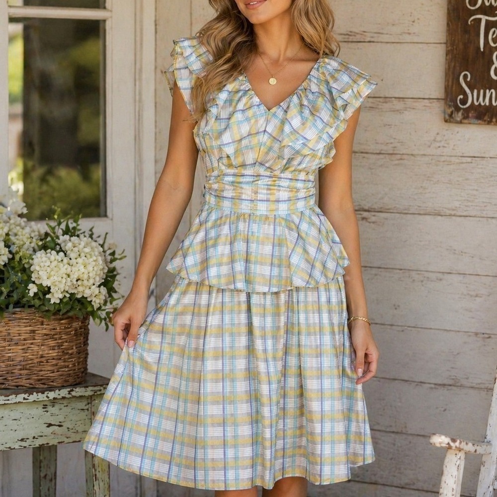 Halogen Atlantic Pacific Coastal Granddaughter Plaid‎ Ruffle Midi Dress Preppy S
